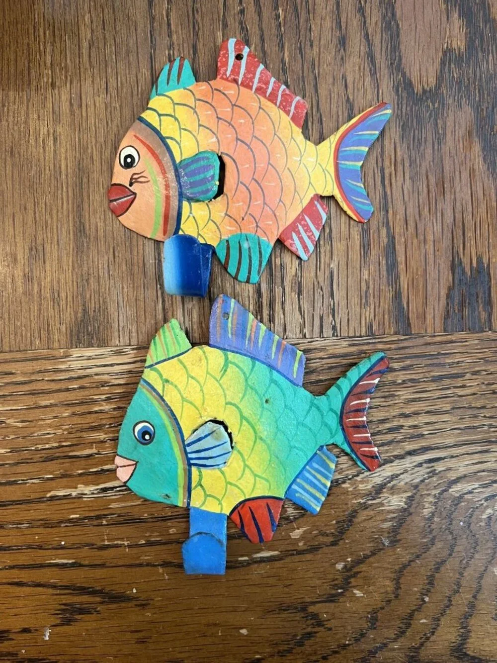 Vintage Folk Art Colorful Hand-Painted Metal Tropical Fish Wall Hooks Whimsical